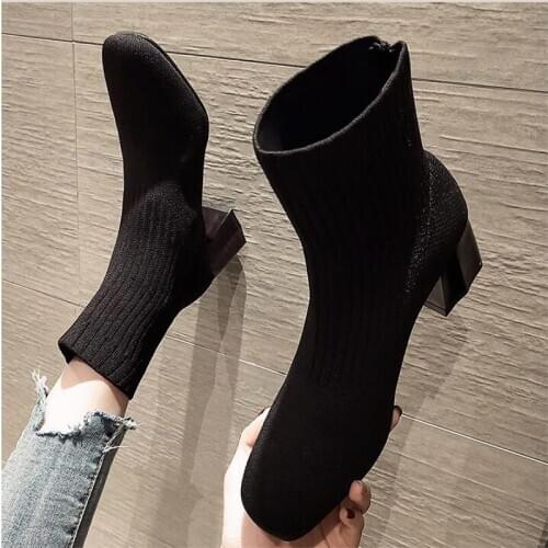 Spring Autumn Sock Boots Square Toe Knit Fabric Med Heel Pumps Shoes 5.5 cm Slip On Short Ankle Boots