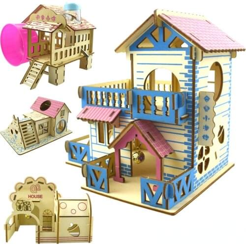 Hamster Hideout Wooden Hut Small Animals Double Layer Villa Rat Room House Cage Exercise Toy with Ladder Board