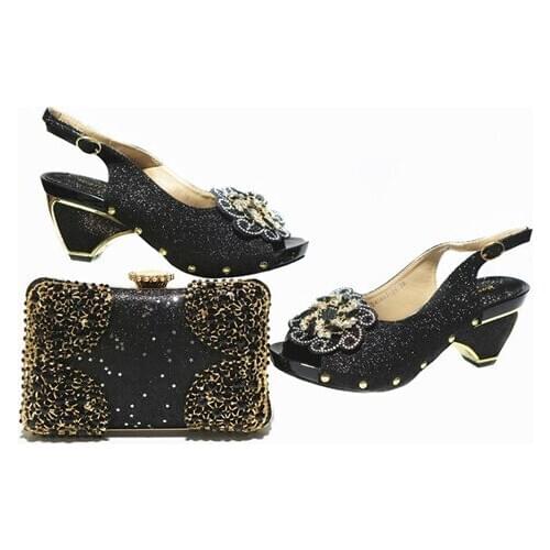Doershow New Arrival African Wedding Shoes and Bag Set black Italian Shoes with Matching Bags Nigerian Women party!!HAL1-9