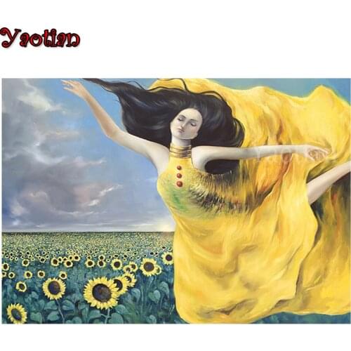 Diamond Painting Yellow dress woman sunflower Full Square Cross Stitch Diamond Embroidery Mosaic Handicraft Home Decoration