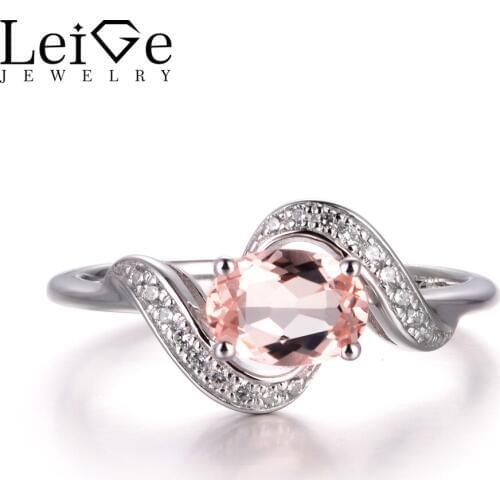 LeiGe Jewelry Oval Cut Natural Pink Morganite Proposal Rings Pink Gemstone Rings 925 Sterling Silver Romantic Gifts for Women