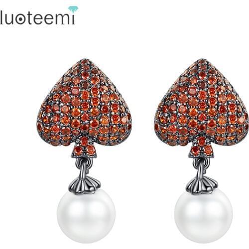 LUOTEEMI Cute Simulated-Pearl Heart Stud Earrings for Women Luxury CZ Pendiente Wedding Party Gun Black Red Color Christmas Gift