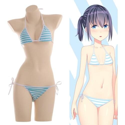 Kawaii Fashion Cosplay Anime Miku Mini Bikini Sexy Blue White Striped Micro Bikini Sleepwear Style Tie Side Two Piece Swimsuit