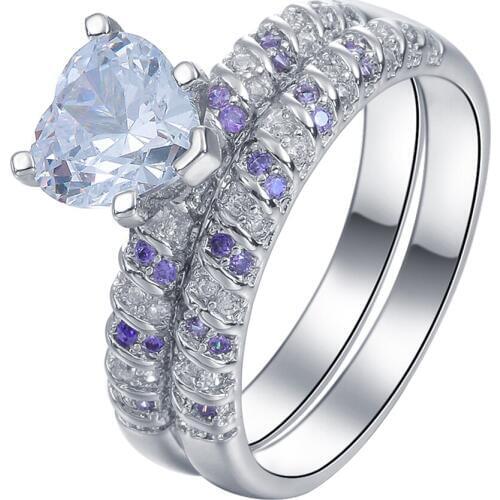 Luxury Heart Purple White CZ zircon Wedding Ring Sets for Women silver plated Fashion Jewelry 2pc Love women engagement ring set