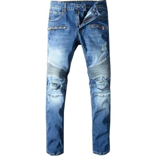 New mens male trousers American street fashion knee fold blue jeans youth stretch slim stitching motorcycle denim pants 1072