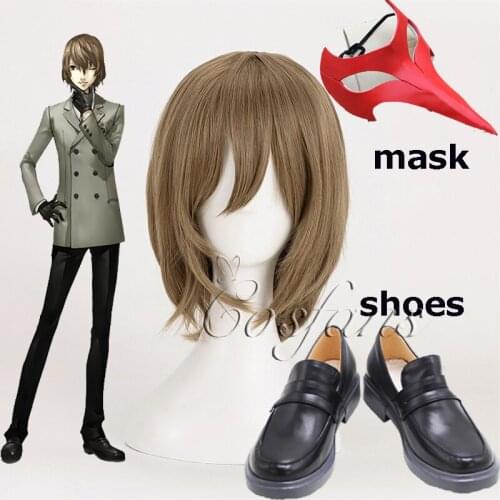 Persona 5 Cosplay Goro Akechi Cosplay Wigs Mask Shoes PropsShort Linen Dark Gray Heat Resistant Synthetic Hair Wig+Wig Cap