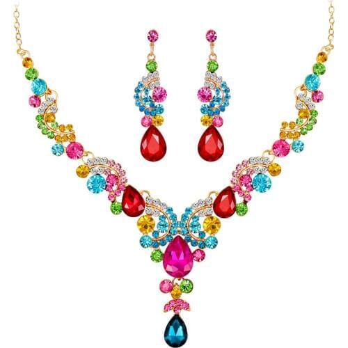 Luxury Water Drop Rhinestone Inlaid Wedding Bridal Necklace Earrings Jewelry Set