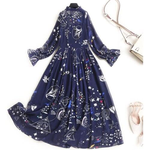 Chiffon Spring Summer Runway Fashion Ruffled Long Flare Sleeve Blue Stars Print Ruffles Party Holiday Dress