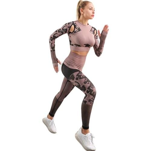 Sport Fitness Seamless Yoga Set Suit Camouflage Workout Clothes Gym for Women Leggings Breathable Long-sleeved Yoga suit
