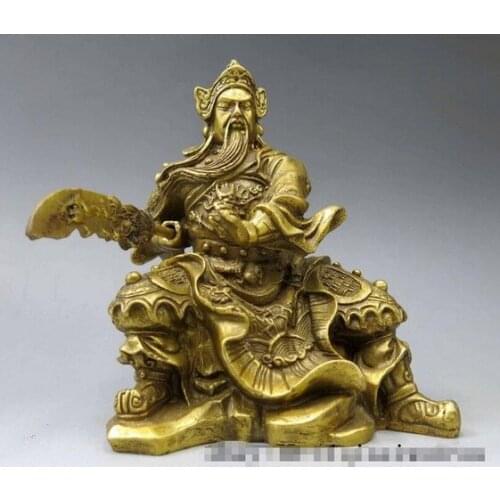 5"Chinese Pure Brass Copper Dragon Guan Gong Guan Yu warrior figurine statue