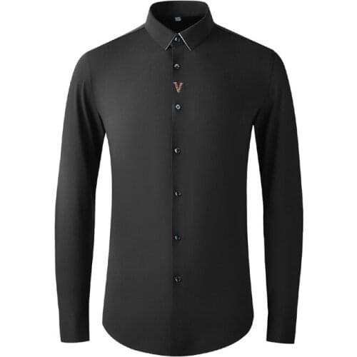 V-shaped Fashion Embroidery 80% Cotton Men shirt 2021 Long Sleeve Turn-down Collar Casual Chemise Homme Brand Male Dress Shirts