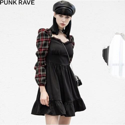 PUNK RAVE Girls Punk Dark Black-red Bubble Sleeve A-word Dress Short Thin Sexy Casual Temperament Plaid Women Dress Spring