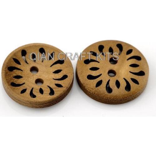 200pcs Round Laser Cut Flower Wood Button Two Hole Light Coffee Colour 23mm (7/8") Wholesale Bulk