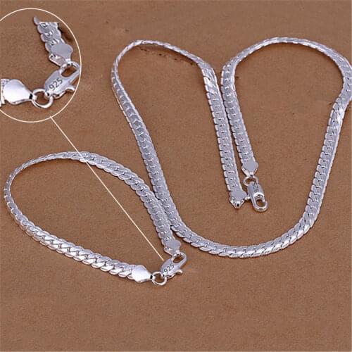 925 Sterling silver Christmas gifts European style retro 6MM flat chain necklace bracelets fashion silver jewelry sets S085