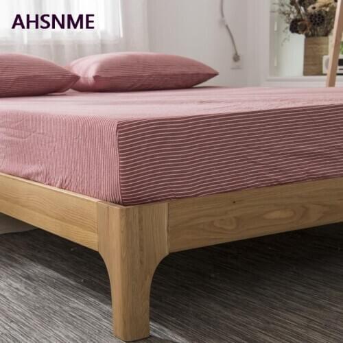 AHSNME 100% Cotton sheets Super Soft parure de lit Cool Summer Simple Light red pinstripes Fitted Sheet 90x200/120x200/180x200cm
