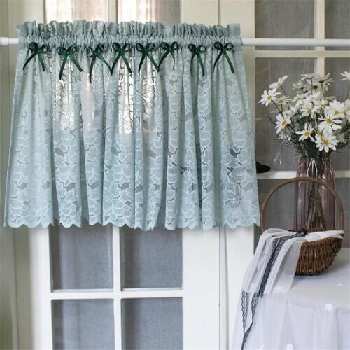 Free Shipping High Quality Royal Blue Curtain Embroidery Purdah Bowknot Lace Coffee Drapes Kitchen Short Shades Small Blinds