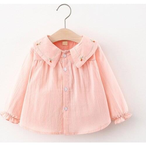 Baby Girl Blouses Long Sleeve Infant Solid Color Single-Breasted Shirts Newborn Baby Flowers Embroidery Collar Clothes