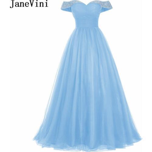 JaneVini Graceful Sky Blue Beads Crystal Long Bridesmaid Dresses Tulle Sweetheart Backless Floor Length A Line Formal Prom Gowns