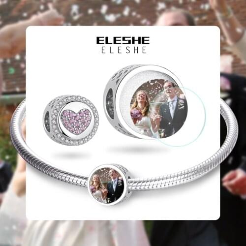 ELESHE Personalized Custom Photo Round Charm 925 Sterling Silver Pink CZ Heart Beads Fit Original Bracelet Silver 925 Jewelry