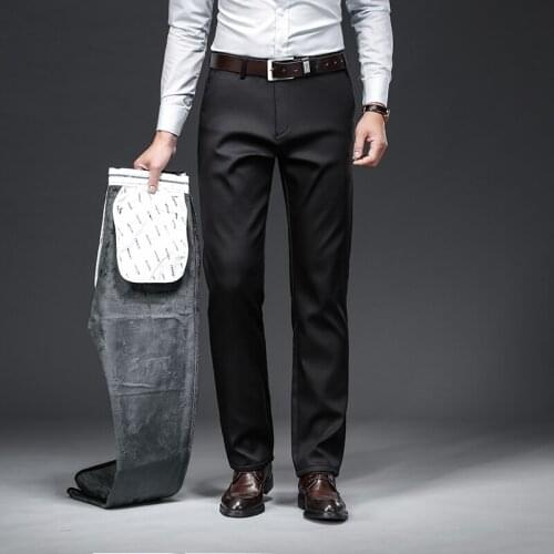Classic MenS Plus Velvet Thick Casual Pants Business High Waist Loose Straight Stretch Trousers Male Winter Fleece Warm Pants