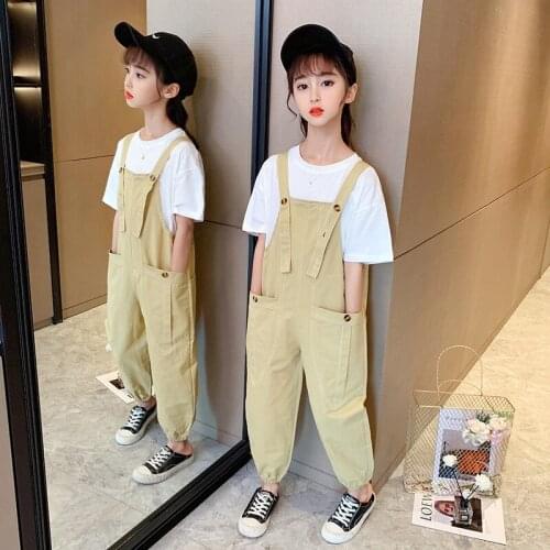 Girl Summer Suit Children Fashionable Suspenders Pants White Shirt + Overalls 2 Pieces Set For Teens Girl 12 14 Years Old