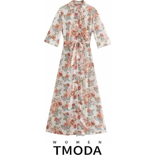 TMODA1790 Za 2021 Summer Women Fashion Chic Floral Printed Mid Dresses Ladies Elegant Ankle Length Tie Belt Maxi Dresses Female