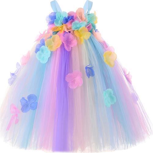 Pastel Flower Fairy Girl Tutu Dress Princess Tulle Flower Girl Dresses for Weddings Pageant Gowns Kids Girl Birthday Party Dress