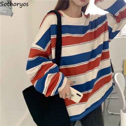 Striped T-shirts Women Oversize Retro Boyfriend Soft Long Sleeve Teenagers Unisex Couple Tees Trendy Ulzzang Females Tops Casual