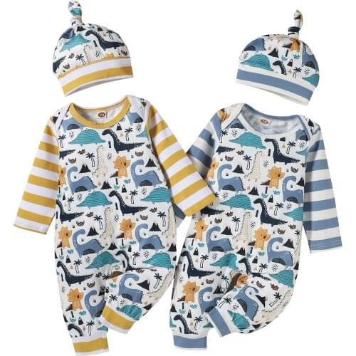 Baby Girl Boy Casual Two-piece Clothes Set, Stripe and Dinosaur Printed Pattern Long Sleeve Romper and Cap, Dusty Blue/ Yellow