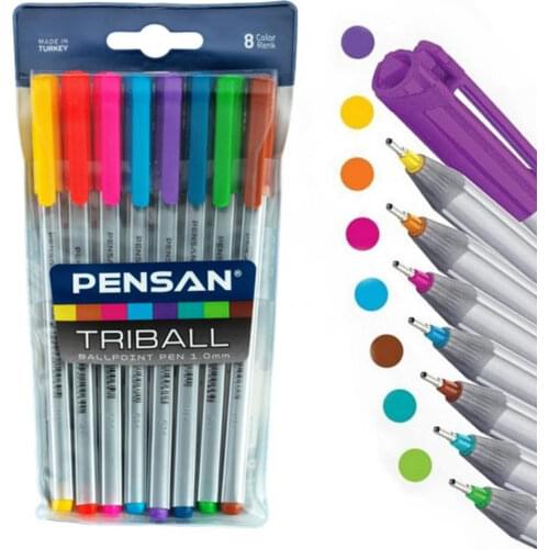 8 Pcs. Ballpoint Pen 1.00mm 8 Different Vivid Colors Set Pensan Triball Triangular Pen Body High Quality