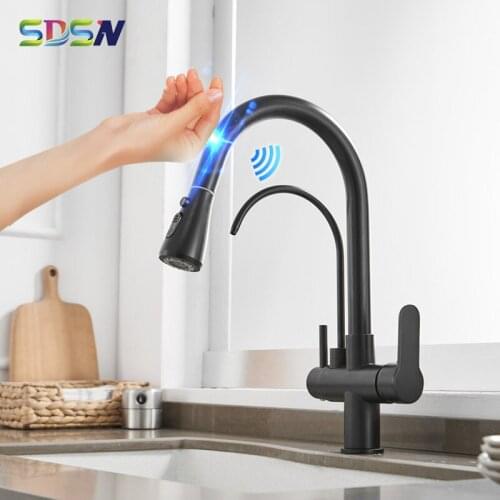 Three Ways Touch Kitchen Faucets Quality Brass Pull Out Kitchen Mixer Faucets Luxury Matte Black Sensor Touch Filter Kitchen Tap