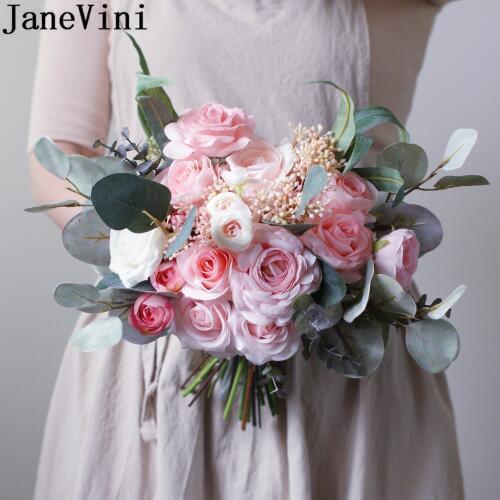 JaneVini 2020 Pink Rose Flower Bridal bouquet de fleur mariage White Artificial Silk Flowers Wedding Bouquets for Bride Charm