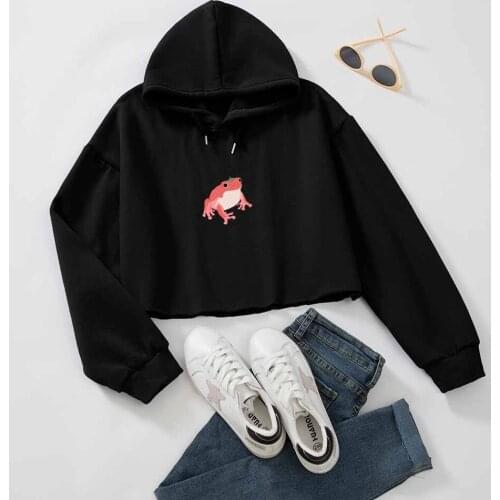 Kawaii Frog Print Autumn Winter Hooded Sweatshirt Cute Crop Top Streetwear Women Oversized Sweatshirt Long Sleeve Pullover