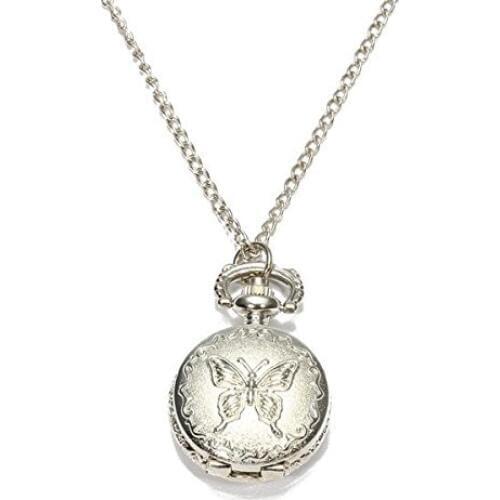YCYS-Silver Quartz Butterfly Arabic numerals Pocket Watch with Vintage Necklace