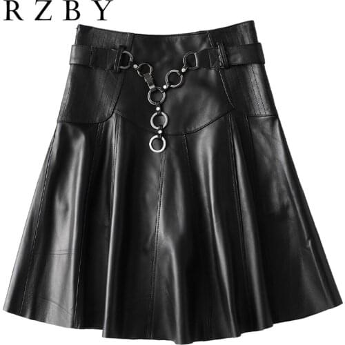 Skirts Leather Genuine Natural Sheepskin Womens Skirts Plus Size Pleated Faldas Fashionable Saias Mulher Black Skirt RZBY249