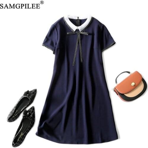 Summer Women Clothing 2021 New Korean Style Organza Turn Down Collar Bow A Line Short Sleeve Slim Fashion Woman Dress Plus Size