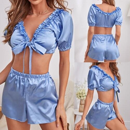 Women Sexy Underwear Fashion Deep V Short Sleeve Pajama Underwear Set Solid Bandage Tops Shorts Sleepwear Pajamas Outfit