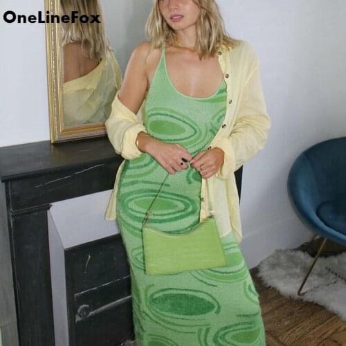 OneLineFox Womens Print Knit Bodycon Dress Green Y2K Summer Hollow Out Sexy Sleeveless Spaghetti Strap Party Midi Dresses