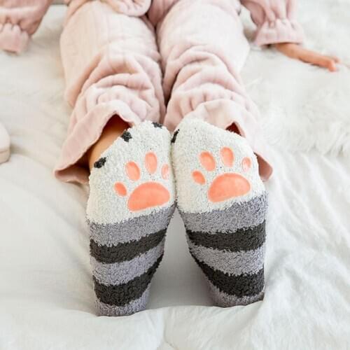 1 Pair Autumn And Winter Plush Coral Fleece Socks Female Tube Socks Cat Claws Cute Cartoon Thick Warm Sleeping Floor Sleep Socks