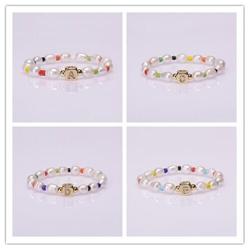 5pcs Natural Freshwater Pearl Rice Beads Bohemia Gold CZ Initial 26 Alphabet Letter Name Charm Unisex Bracelet Daily Jewelry2021