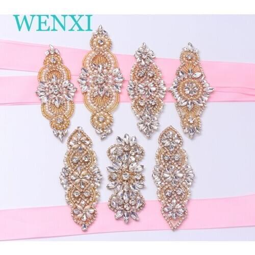 WENXI(30PCS) Crystal Rhinestone Applique Wholesale Handmade GOLD Clear sewing crystal On Wedding Dress Belt DIY Bridal Accessory