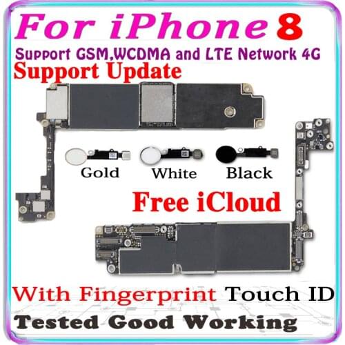 Full Tested For iPhone 8 motherboard With Fingerprit Black White Gold mainboard Unlocked For iPhone 8 Logic board Free iCloud