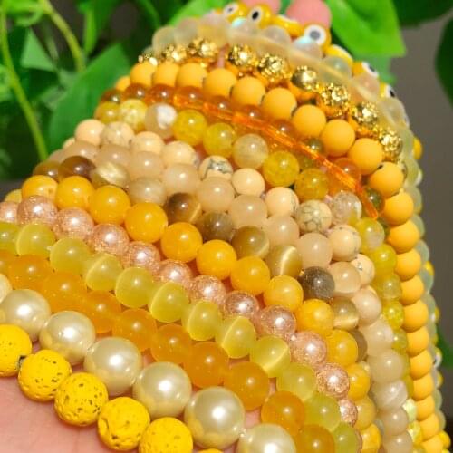 Natural Stone Beads Yellow Jades Agates Gold Hematite Round Loose Mineral Beads for Jewelry Making DIY Handmade Bracelet 15