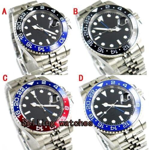 Parnis watch 40mm black dial GMT luminous hands sapphire glass stainless steel case Automatic movement Mens watch