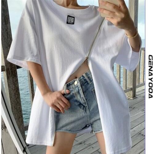 Genayooa Harajuku T Shirt Women 2021 Fashion Girls Streetwear Short Sleeve Female Tee Shirts With Zipper Oversized Ladies Tops