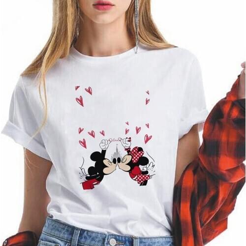 Mickey Minnie Kiss Mouse Lovers T Shirt Women Casual Tshirts Tees Harajuku Style Graphic Tops Kawaii Female T-shirt Dropship