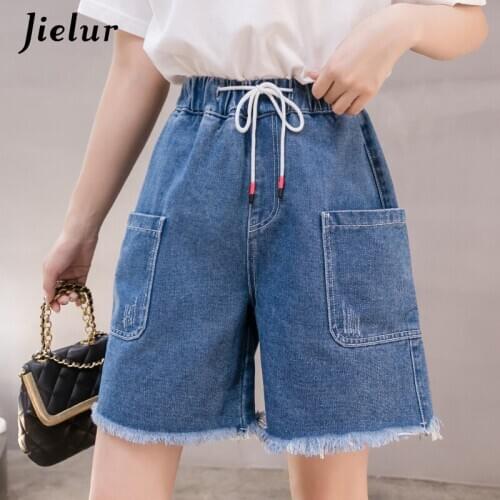 Jielur Womens Denim Jeans Female Vintage High Waist Blue Tassel Drawstring Loose Summer Wide Leg Jeans For Women Pockets S-5XL