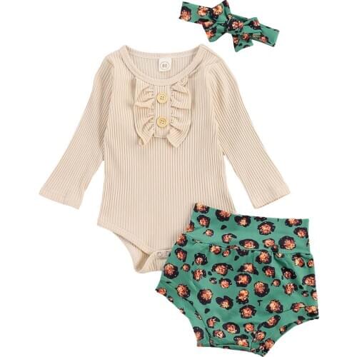 FOCUSNORM 0-18M Newborn Baby Girls Boys Clothes Sets Ruffle Long Sleeve Romper Tops Flowers Shorts Headband