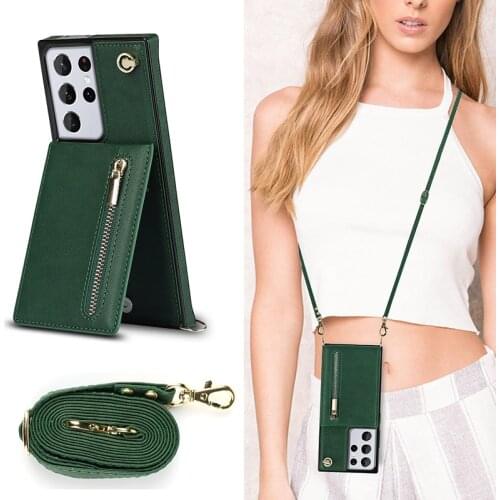 Zipper Cards Wallet Case For Samsung S21 S20 Ultra Note 20 10 + 9 S10 S9 Plus S20 FE A90 Lady Crossbody Leather Stand Phone Case