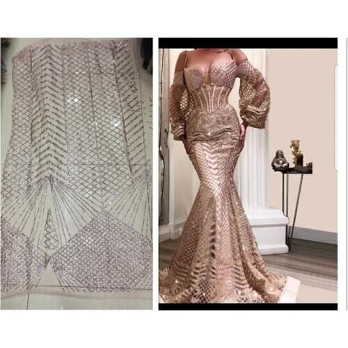 Pretty design Glued glitter sequins lace rose gold mesh african indian lace fabric for wedding /evening dress YG-693